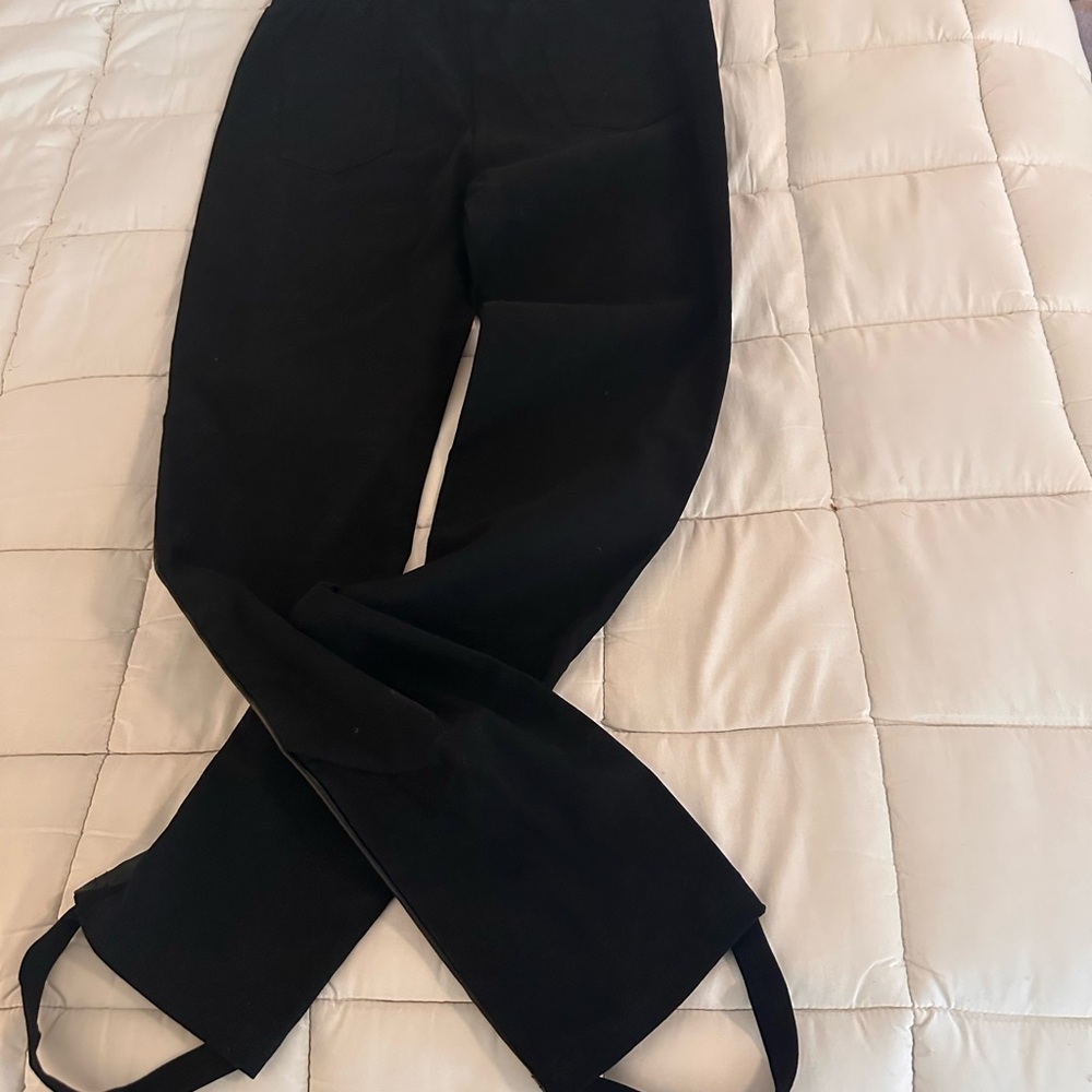 Simon Chang Black stirrup Leggings with Leather Accents